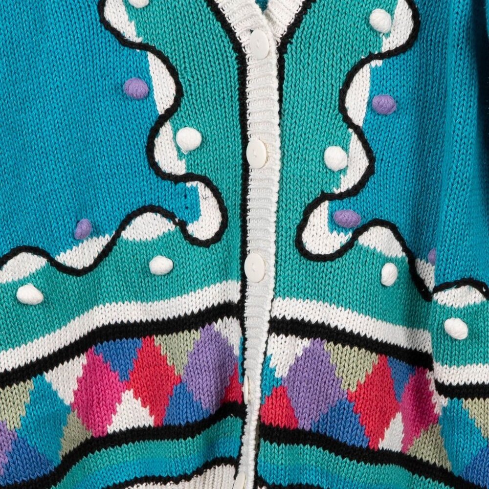 VTG 80s Cardigan Sweater 40 20W Button Up Teal Geometric Grammacore Cottagecore - Picture 3 of 5